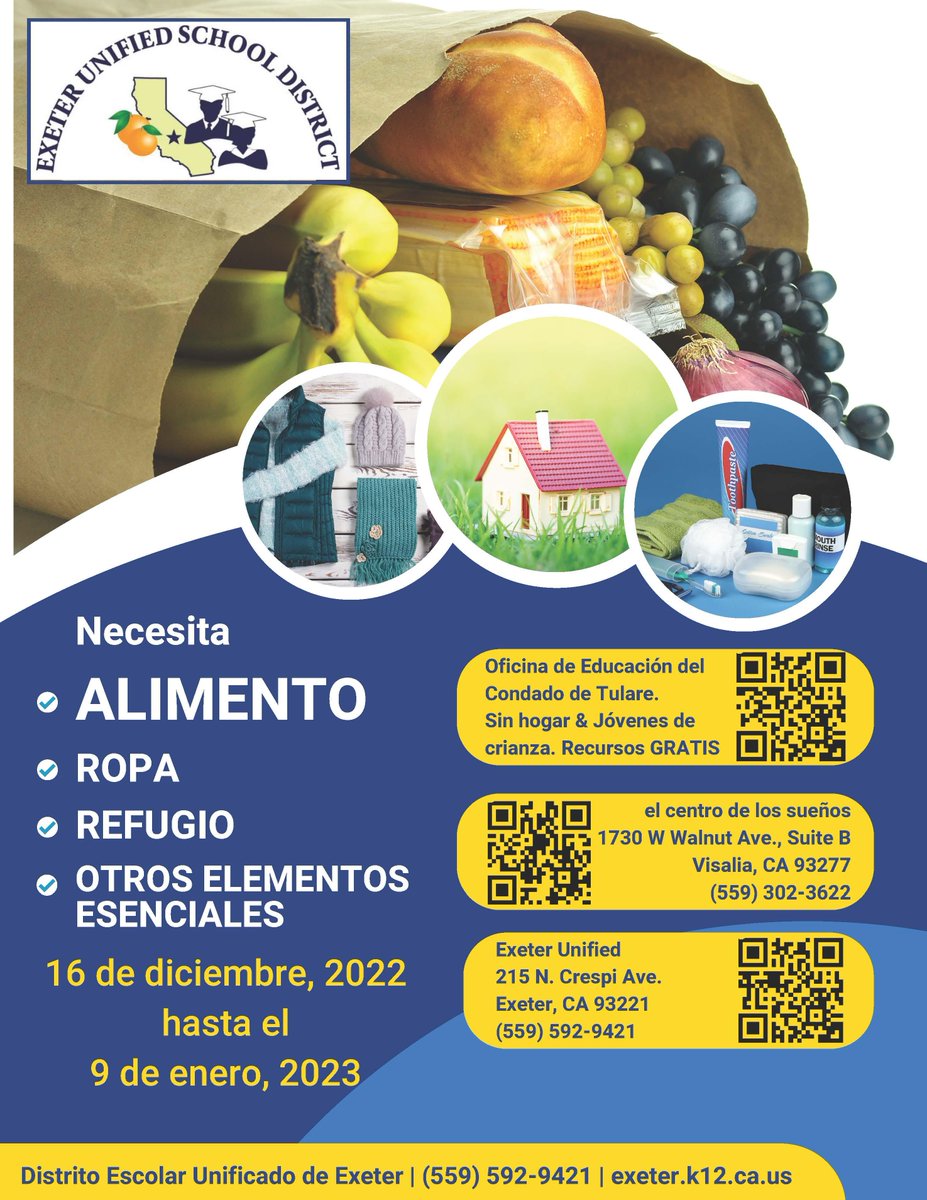 EUSD is here to help all of our families and community members this Winter break. Whether you're in need of food, clothing, shelter, or other essentials, EUSD has the resources to assist.
 
Additional resources on our website: 

exeter.k12.ca.us/apps/pages/ind… 

#EUSDEmpowers #ExeterCA