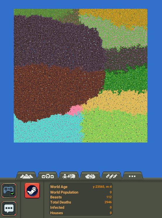 RaistlinDev's tweet photo. I made an iceberg world and put all the biomes in it letting them overgrow until only one is left. I will post again when one wins #worldbox https://t.co/ycssUI4sQa