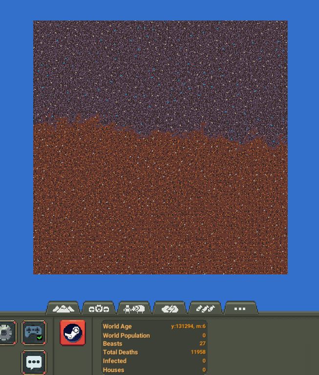 RaistlinDev's tweet photo. I made an iceberg world and put all the biomes in it letting them overgrow until only one is left. I will post again when one wins #worldbox https://t.co/ycssUI4sQa