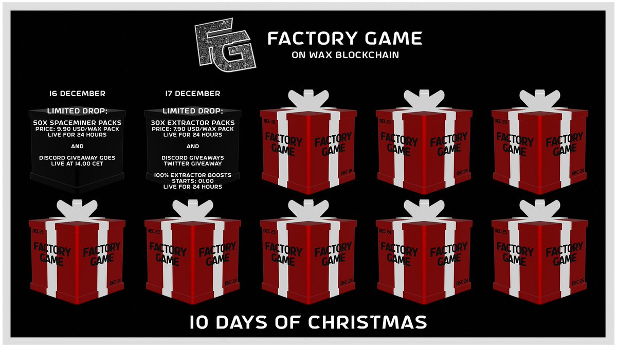 FactoryGameWax's tweet photo. Second Christmas box has now been opened! 🎁

Christmas Box Contained:
1: 30 Extractor packs dropped for 7.90 USD/WAX each. Live for 24 hours!
2: 100% Extractor Boost, starts 01.00 CET. Live for 24 hours!
3: Discord Giveaways!
4: Twitter Giveaway!

https://t.co/fAJanNxHqz https://t.co/j3XLVc7yD9