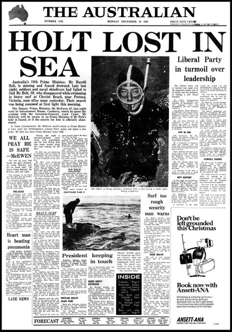 diktator Optimisme øve sig Canberra Insider on Twitter: "December 17, 1967: Australia's 17th Prime  Minister Harold Holt went missing while swimming at Cheviot Beach, near  Portsea. His body was never recovered. He had served as Prime