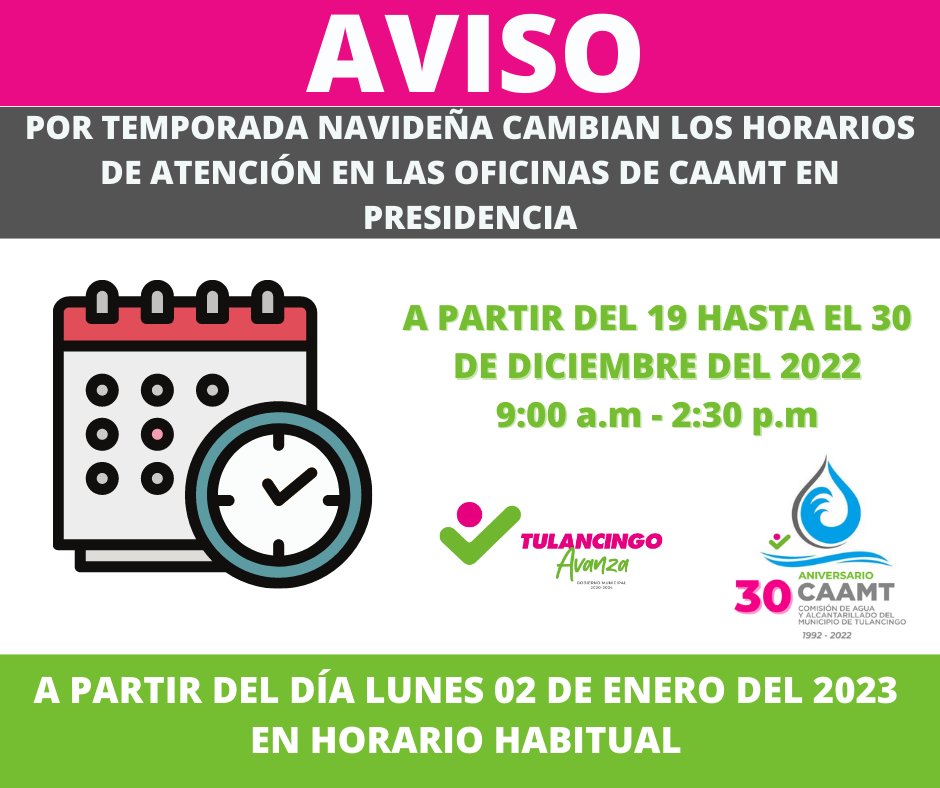 CAAMT_Tgo's tweet photo. AVISO para la población en general. Por temporada navideña nuestros horarios de atención y de cobro en las oficinas de CAAMT en presidencia municipal cambiarán hasta a partir del 19 de Diciembre hasta el día 02 de Enero del 2023. Les deseamos Felices fiestas. https://t.co/HBaLQ8EezS