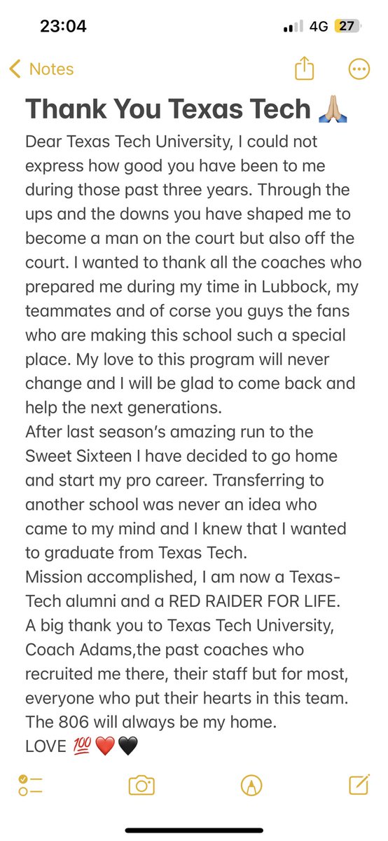 C_nad11's tweet photo. Dear 806 ! 🫀❤️ @TexasTechMBB @TexasTech https://t.co/FinUNWzt1q