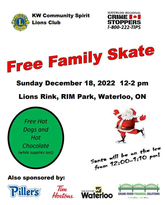 The Annual Skate With Santa is back. Happening on Sunday, Dec 18th at Rim Park from noon til 2.
Free skate put on by #KWLionsClub and <a href="/WaterlooCrime/">Crime Stoppers 🇨🇦</a>