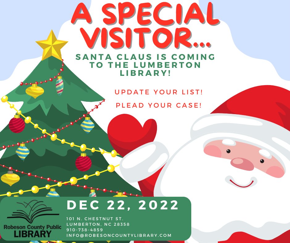 RC_PL's tweet photo. Join us for storytimes in Fairmont, St Pauls and Lumberton this week!  Fun for the kids while they're off for the holidays!
And........
SANTA'S COMING!!!!! Santa will be visiting the Lumberton Library all day on Thursday.  Drop by and say hello!!!🎅🎅🎅

#library #santa #reading https://t.co/Sf3NnP23gw