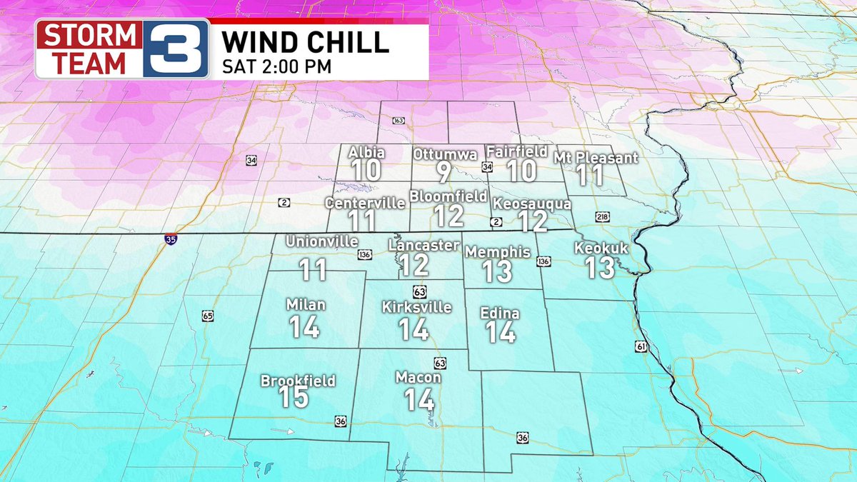 RileyFannonKRCG's tweet photo. While air temperatures will dip towards the mid to upper teens the strong westerly winds with gusts near 30 MPH will have the wind chill or "feels like" temperature closer to 0 degrees so bundle up heavily and the wind chill doesn't get that much better later Saturday. https://t.co/qMtqPwSwkp