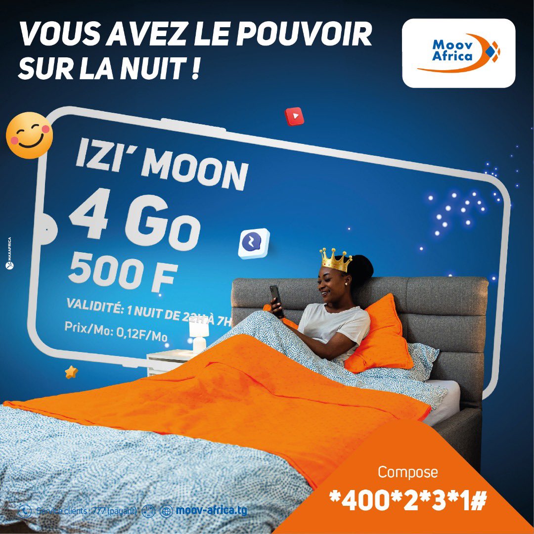 moovafricatg's tweet photo. Vous souffrez d'insomnie ? Faites un appel vidéo avec bae pour discuter ou faites une partie de jeu 🎲 en ligne entre potes avec le forfait #iZiMoon. 

Composez *400*2*3*1# et bénéficiez de 4Go à 500F valables de 22h00 à 07h00.

#ForfaitNuit #Data #AloLekeo #MoovAfricaTogo https://t.co/53jcyImPjc