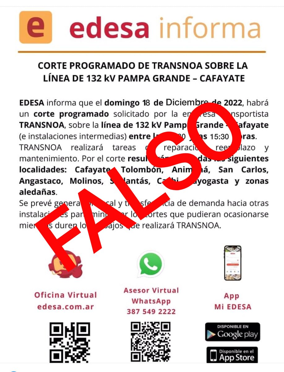 EDESA informa que el comunicado que circula en grupos de WhatsApp y redes sociales es totalmente falso. No hay corte programado para este fin de semana.