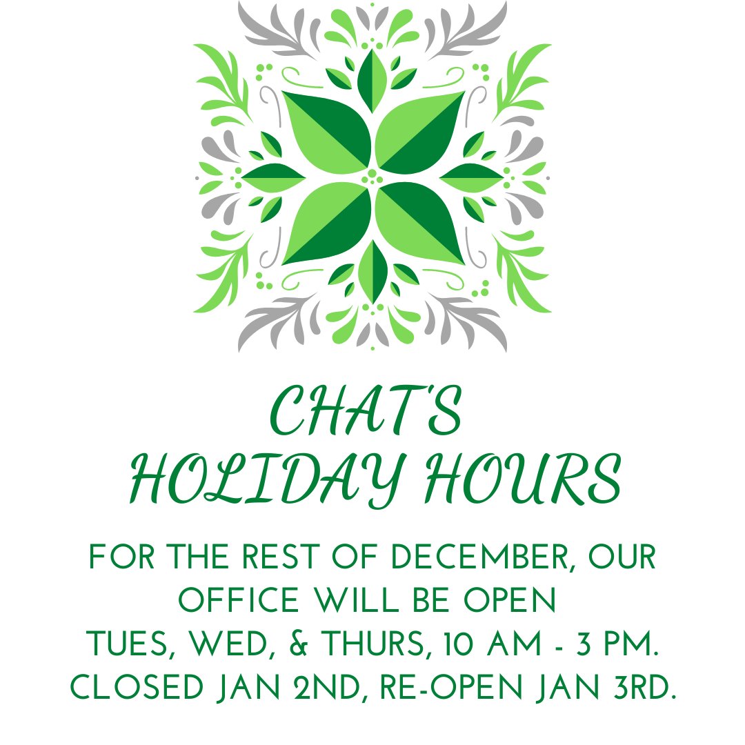 ChicoHousAction's tweet photo. For the rest of December, we will be closed on Mondays and Fridays, and we'll be open Tues, Wed, &amp; Thurs from 10 am - 3 pm. We will also be closed on Monday, January 2nd, for the observed New Year's Day holiday, and will resume regular hours on Tuesday, January 3rd. https://t.co/ohgYKpLHF7