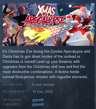 Soooo close to get that magic 10th review for #XmasApocalypse! 

#gamedev #indiegames #indiegamedev #SantaClaus #roguelite #shooter #gaming