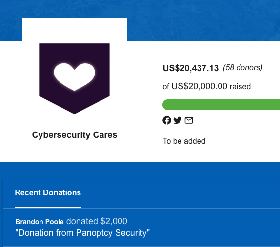 HUG HUGE thank you to Brandon Poole from <a href="/panoptcy/">Brandon Poole</a> for making a $2000 donation and blowing out our $20k goal.

Total raised is currently at US$20,437.13!

Come join as us as we take this thing across the finish line: youtube.com/watch?v=USKgGm…

#cybersecurity #holiday #fundraiser