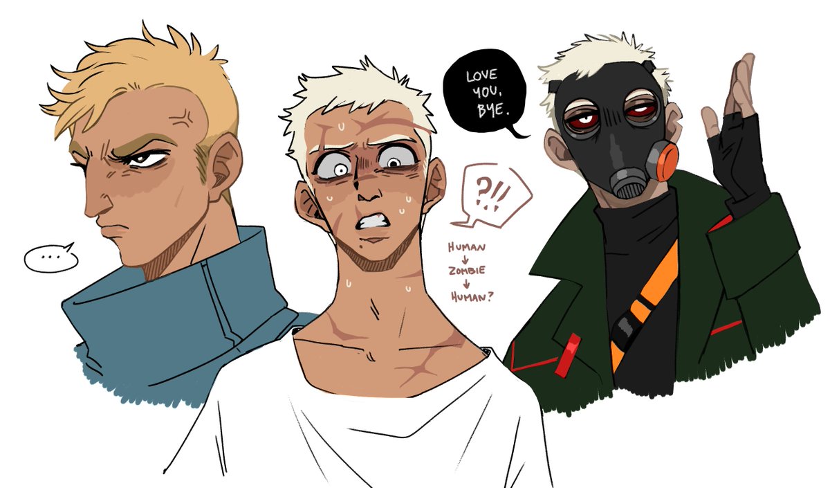 [oc] some sketches of my zombie oc delta and the man he was before he died, barrett. barrett on the left, delta on the right, and some possible mixture of the two if anyone tried to revive delta back into barrett 🤔 