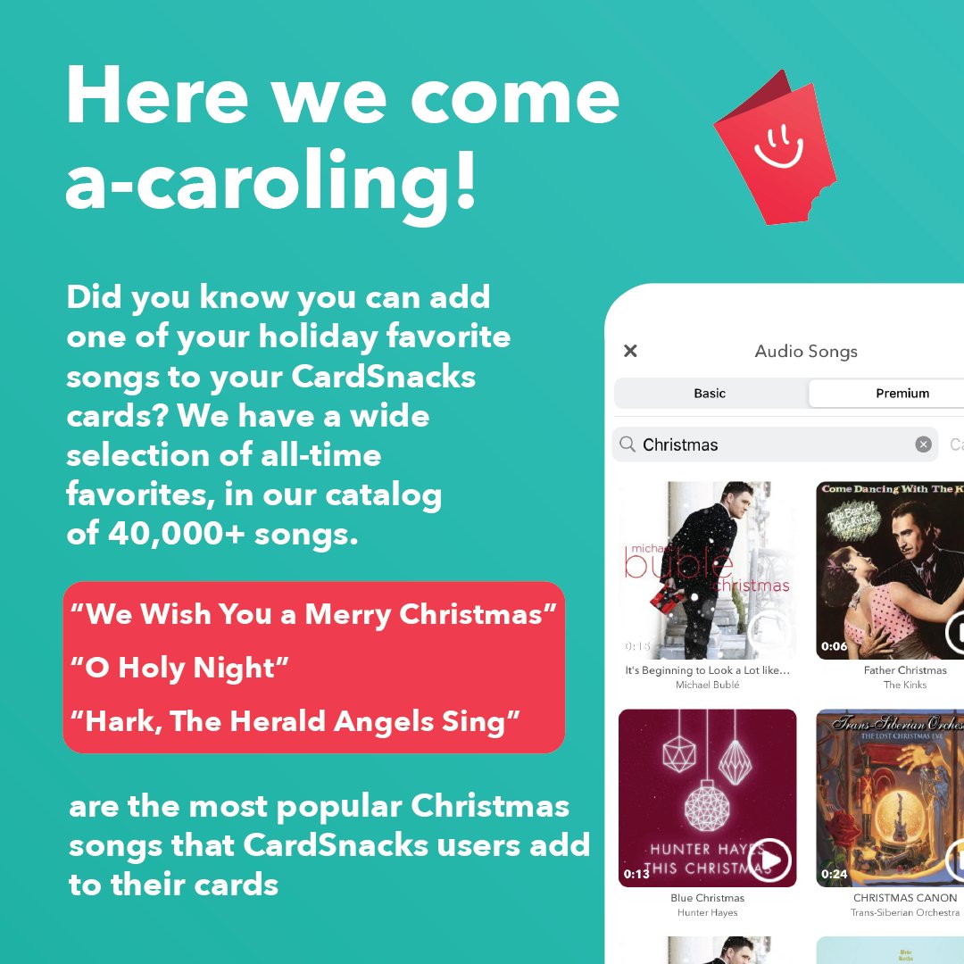 Make your #HolidayCards stand out this season with a selection of over 40,000+ songs! Adding your favorite #ChristmasSongs to a CardSnack will give your gift the perfect personal touch.🎶🎄💚
