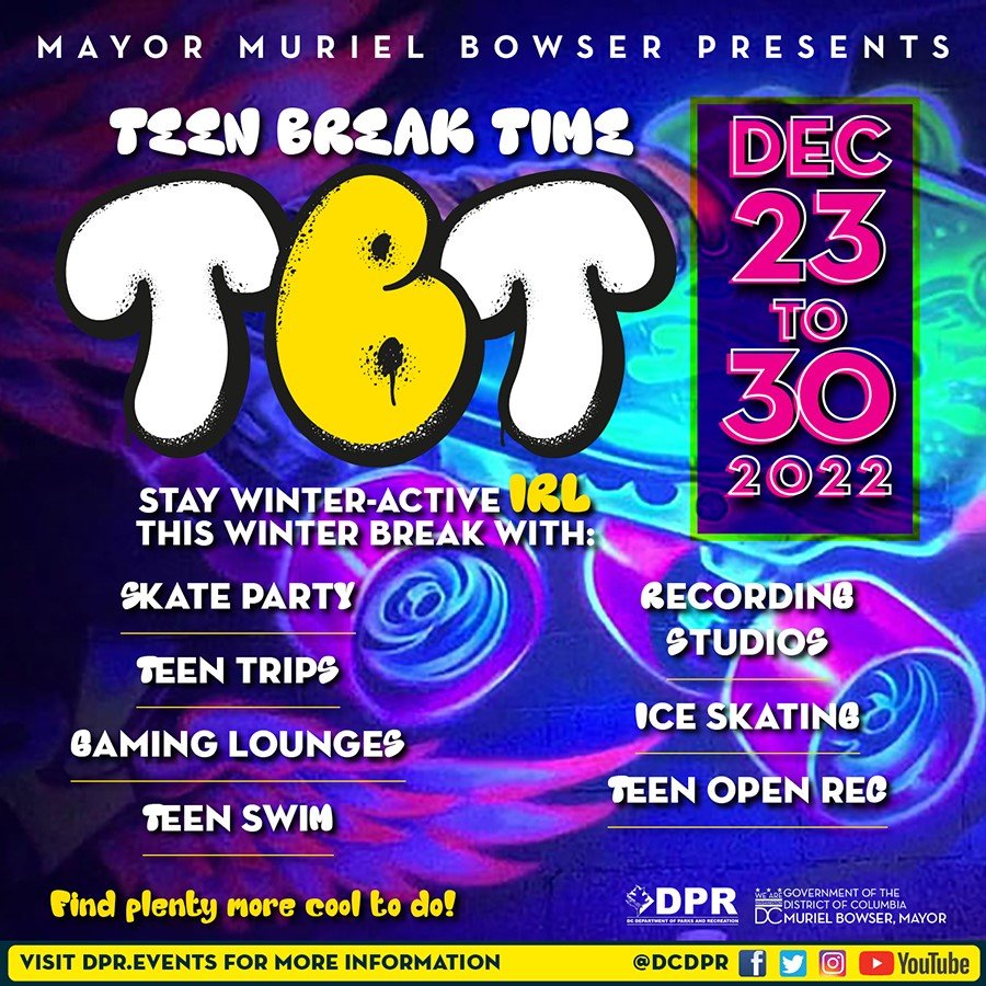 🗣Calling DC Teens ... plans for winter break? 
Come rock with <a href="/DCDPR/">DC Parks & Recreation #WhereFunHappens</a> In Real Life! 
#TeenBreakTime! 
Your one stop spot for FREE cool activities👉from skate and swim parties to recording sessions+ more! 
Don't miss out: 🖱️TeenBreakTime.splashthat.com
#WhereFunHappens #YouthEngagement