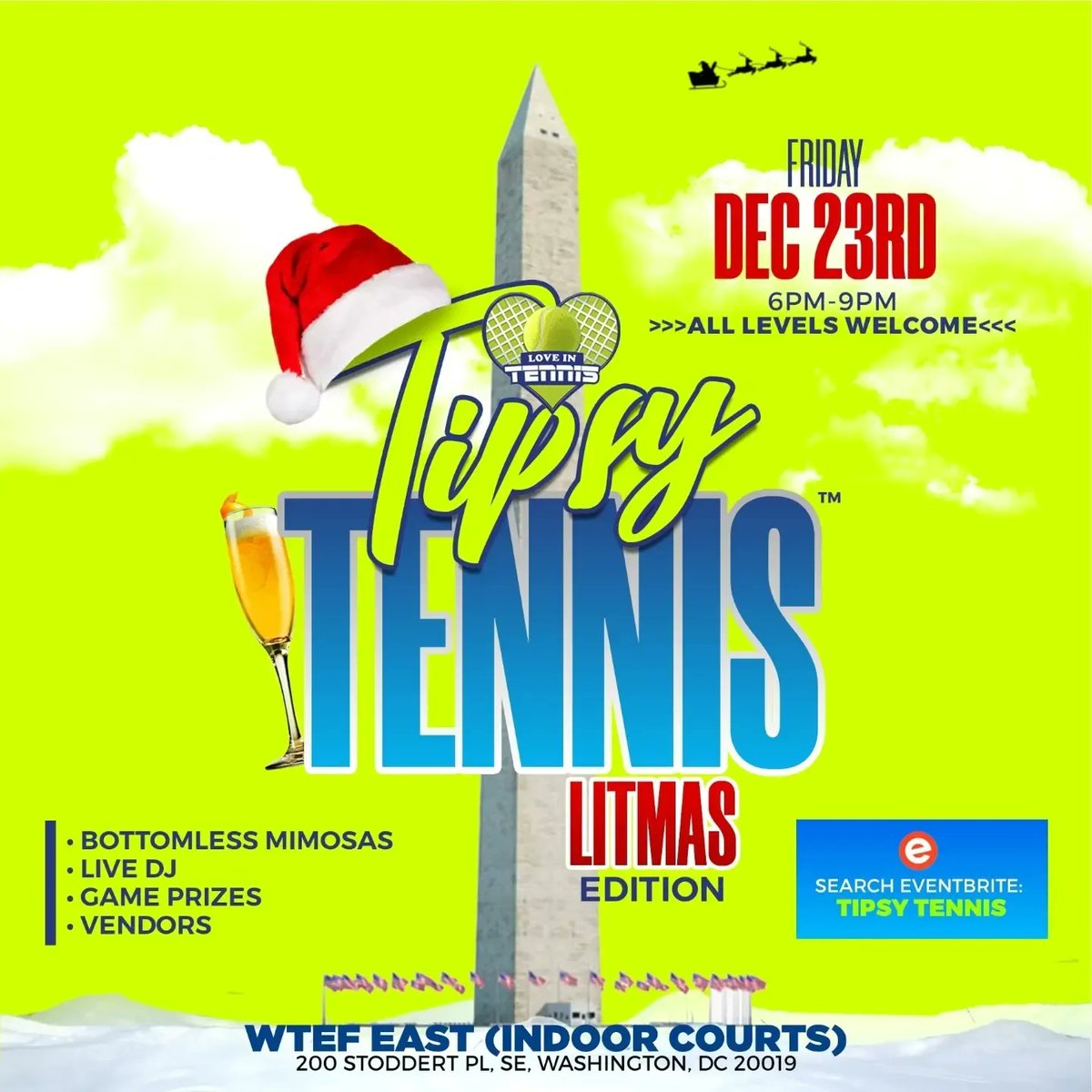 🗣WE ARE OFFICIALLY A WEEK AWAY‼️
TipsyTennisLITMas.eventbrite.com 

#LoveinTennis #TipsyTennis #LITMas #HappyHolidays  #stockingstuffers #DCNightlife #bottomlessmimosas #brunch #MerryChristmas #tennis  #tennisparty  #blacktennis #DMVTennis #ThingsToDoinDC