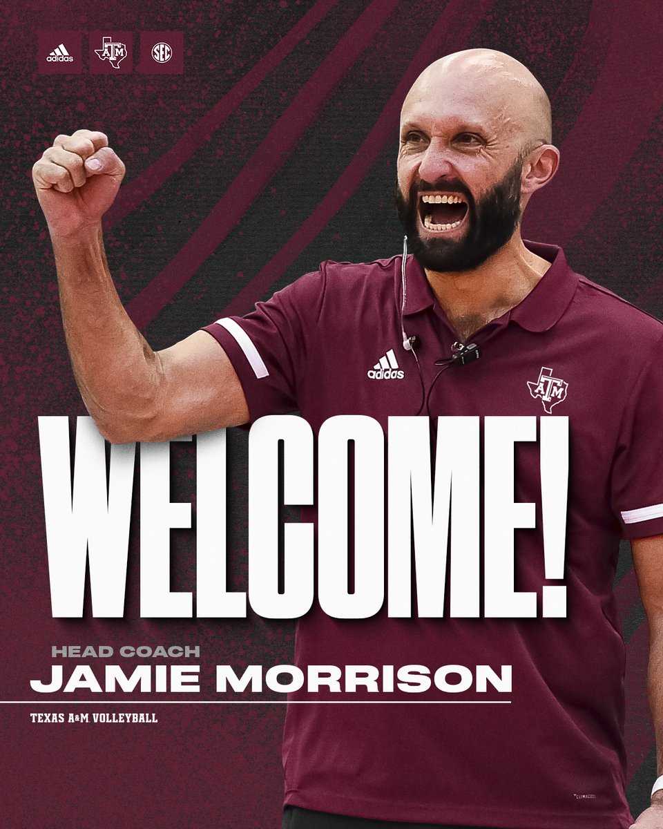Texas A&M Volleyball (@aggievolleyball) on Twitter photo A new era begins. 💯👍
#12thMan, join us in welcoming Jamie Morrison as the new head coach of Fightin' Texas Aggie Volleyball!
<a href="/J_Morrison000/">Jamie Morrison</a> | #GigEm A new era begins. 💯👍
#12thMan, join us in welcoming Jamie Morrison as the new head coach of Fightin' Texas Aggie Volleyball!
<a href="/J_Morrison000/">Jamie Morrison</a> | #GigEm