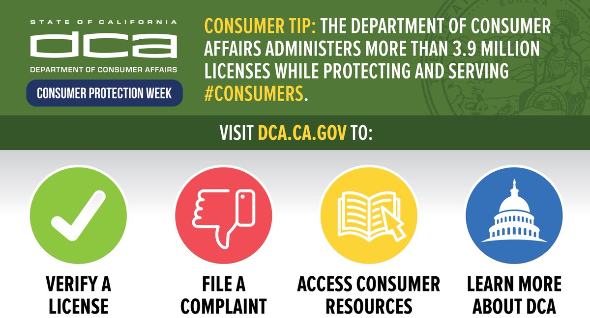 It's Consumer Protection Week! The Department of Consumer Affairs is shining a spotlight on how California consumers can educate, empower, and protect themselves all year long—follow along: @DCAnews #ConsumerProtection365