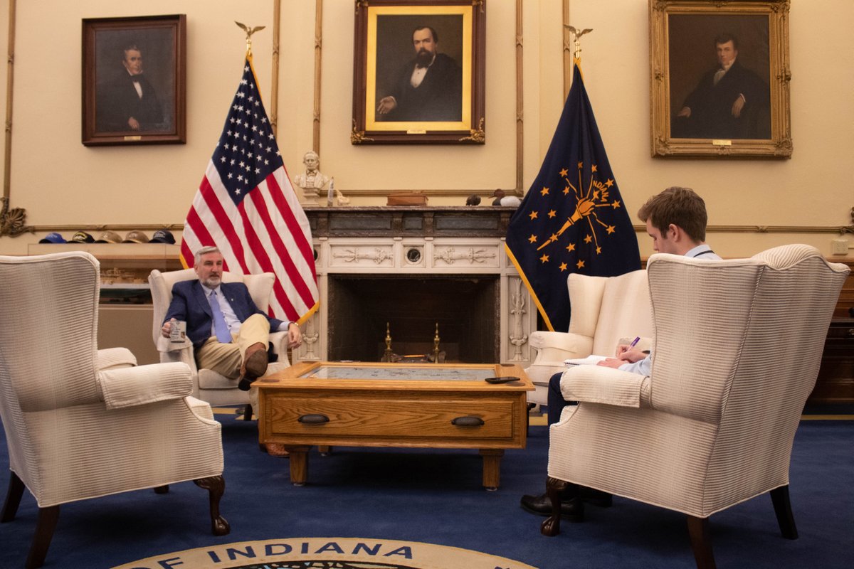 StatehouseFile's tweet image. The Statehouse File's Jack Sells and Kyra Howard sat down with Gov. Eric Holcomb this afternoon. The @HanoverCollege grad made some disparaging remarks about arch rival @FranklinCollege's chances in men's basketball this season, but ... it was a good interview. Stay tuned.