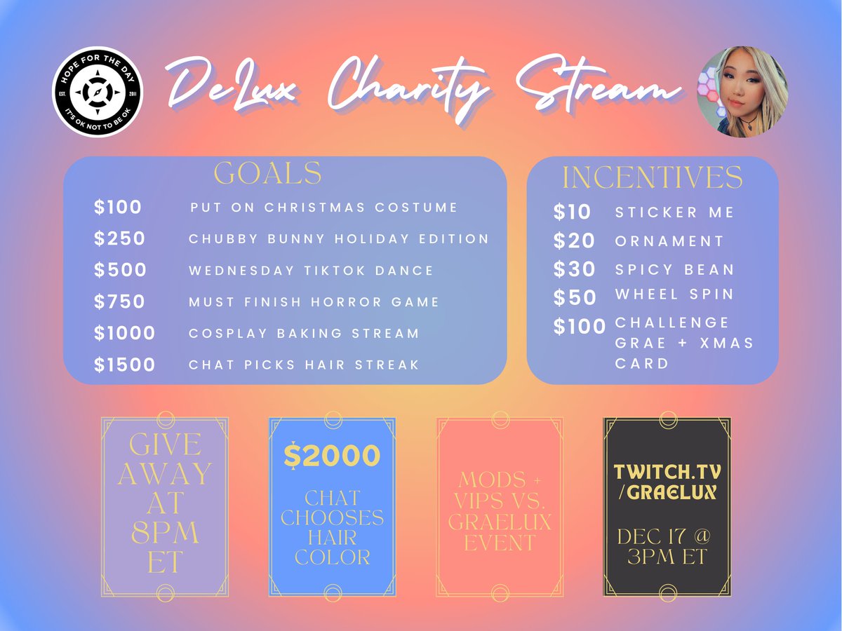 our last charity stream of the year is happening TOMORROW! y'all know how important the topic of mental health is to me, and i'm so excited to once again raise money for Hope for the Day - see you then 💜