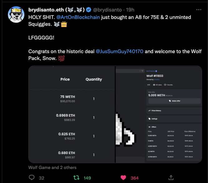 In the last 48 hours
- <a href="/gmoneyNFT/">gmoney.eth</a> wins <a href="/wolfdotgame/">Wolf Game</a> Alpha Game in 1st place.
- <a href="/ArtOnBlockchain/">Erick / Snowfro / 🦩 / LAO / #️⃣ / 🔴</a> bought an A8 wolf for ~100E.
- <a href="/seedphrase/">seedphrase</a> Expression of Interest for A8 Wolf
- <a href="/AlZeidenfeld/">Al Smizzle</a> bid of ~80E for A8 Wolf
- <a href="/natealex/"></a> buys into wolves
- <a href="/ottosuwen/"></a> buys into wolves.