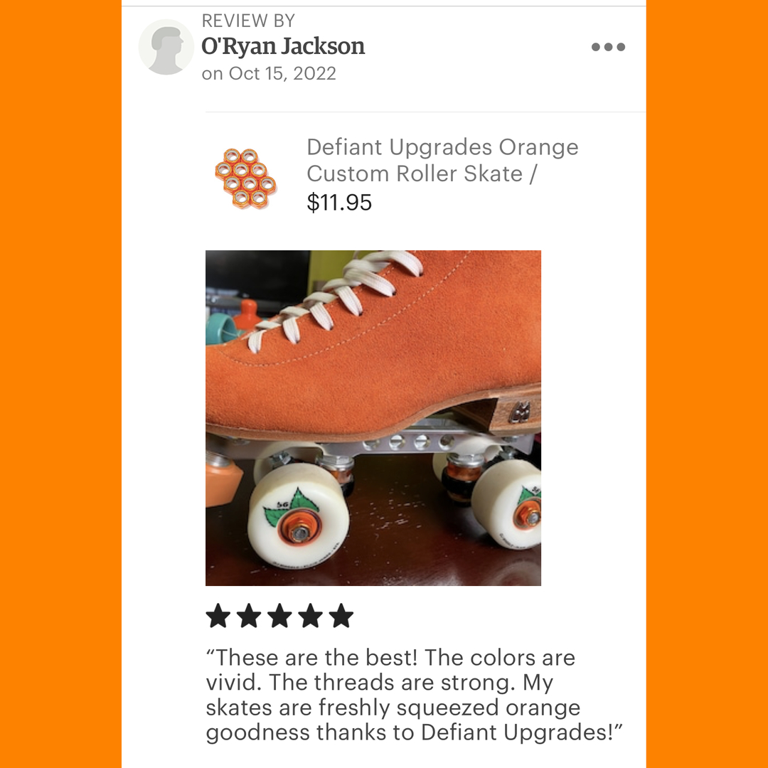 DefiantUpgrades's tweet photo. New friend O'Ryan shared this photo and a 5-star review after putting some Defiant Upgrades custom orange axle nuts on their clementine Moxi Jack skates.​​​​​​​​
​​​​​​​​
Thanks for the support, O'Ryan! https://t.co/iM33JOIuYd