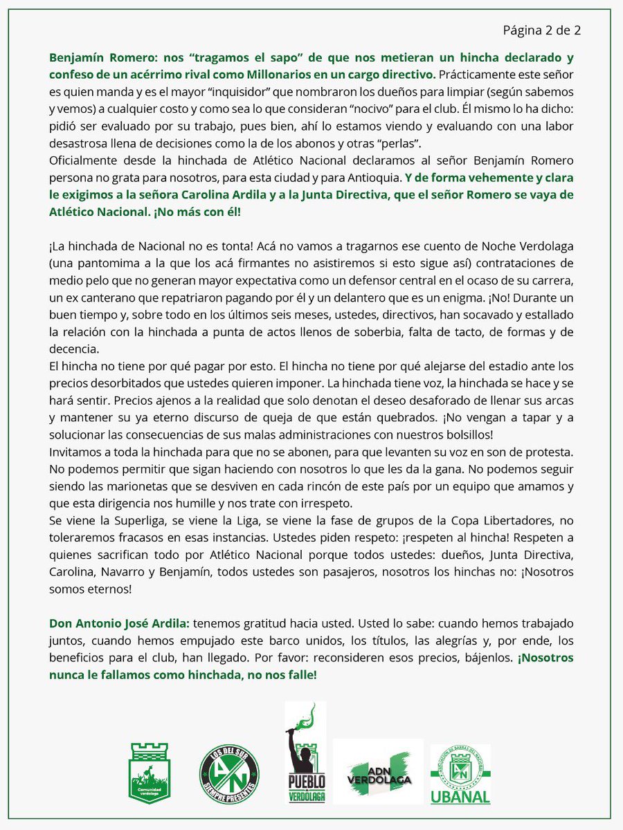 Comunicado a la opinión pública. Las barras organizadas de <a href="/nacionaloficial/">Atlético Nacional</a> 

<a href="/LDSoficial/">Los Del Sur</a> 
<a href="/PuebloVerdolaga/">Pueblo Verdolaga</a> 
<a href="/ubanal1990/">Ubanal1990</a> 
<a href="/ComuverdolagaOf/">Comunidad Verdolaga Oficial</a> 
#ADNVerdolaga

Sobre los abonos 2023-1
Tratan de acabar con el tesoro más valioso que tiene el club: su hinchada.