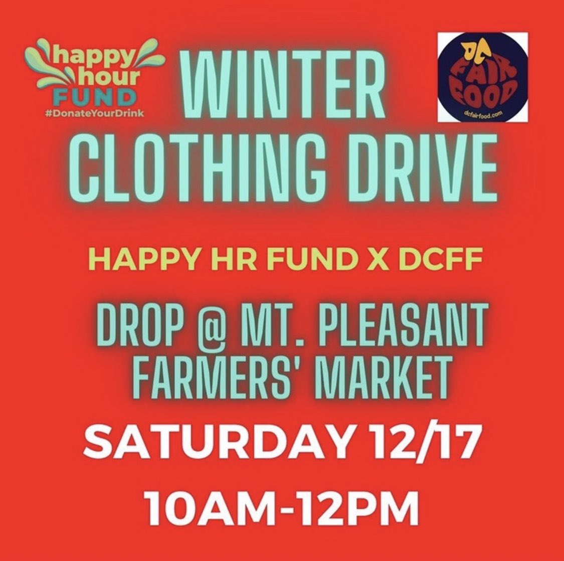 Tomorrow we will be doing a winter clothing drive w/ <a href="/happyhourfund/">Happy Hour Fund</a> We are accepting donations from 10-12 at Mt Pleasant Farmers Mkt 
All warm clothing items (coats, sweaters, gloves, hats, etc.) &amp; all sizes! All donations will be distributed for free from 1-3 in the same place