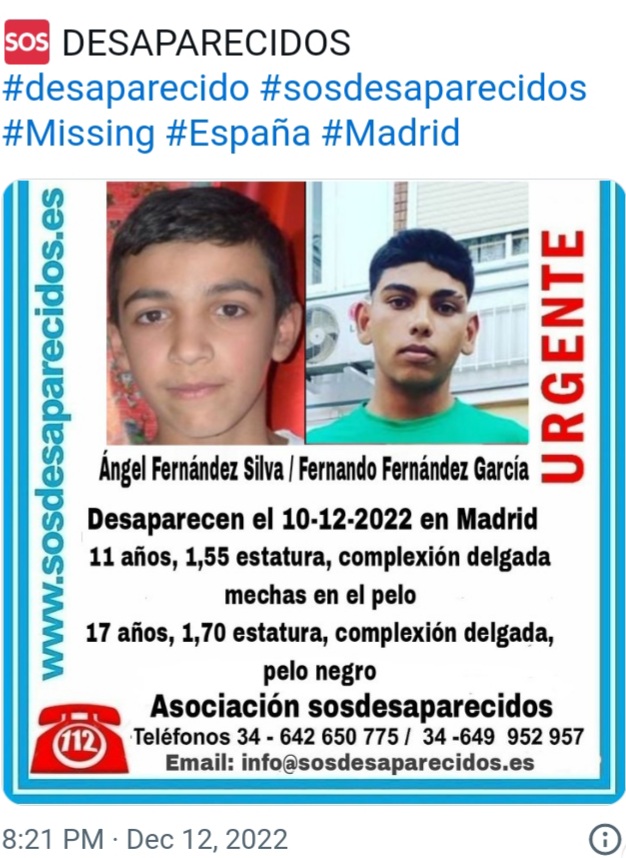 caoticaraquel's tweet photo. 2 primos de 11 y 17 años desaparecieron en en Madrid a las 16 horas hace casi 2 semanas y casi ningún medio se está movilizando. Será pq son gitanos??? Difundir por favor, la familia está desesperada. https://t.co/tLpCIH19Wf