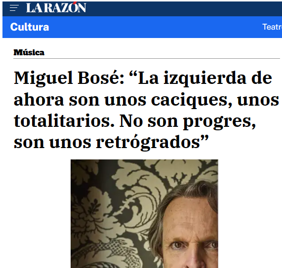 CCivicaCatalana's tweet photo. Miguel Bosé:

“Te habla uno que ha hecho campañas para el PSOE con Felipe Gonzalez. La izquierda de ahora se levanta cada mañana a ver qué barbaridad pueden inventar para justificar su progresía. No tienen ni criterio ni conocimientos. Por eso son pipiolos llenos de asesores." https://t.co/vL0iOjlh67