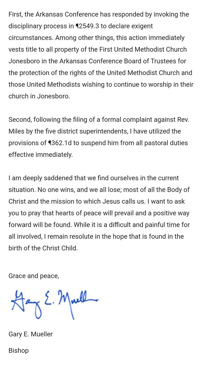 UMC_CommonSense's tweet photo. More fallout from #Arkansas: 

Pastor of FUMC Jonesboro in the Arkansas Conference has been suspended indefinitely.

#UMC #Church #GMC #ARUMC https://t.co/M5koG2hY8K