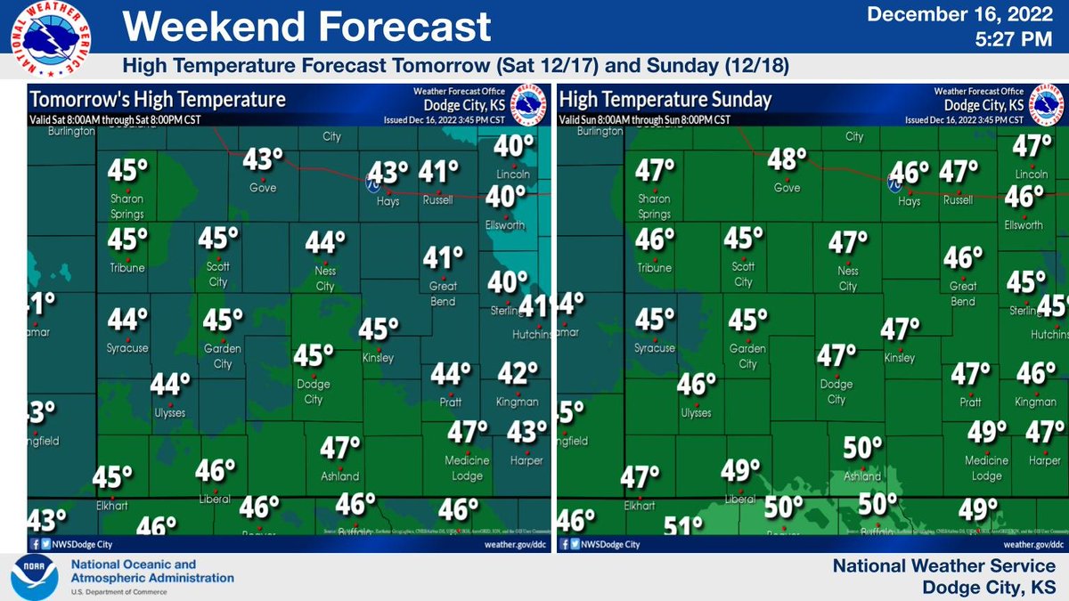 NWSDodgeCity's tweet photo. High temperatures over the weekend will be in the mid to upper 40s.  If you still need to do some work outside, then this will be the time. Bitter cold air is still on track to invade western Kansas during the middle of next week. #kswx https://t.co/EdMJvg1t56