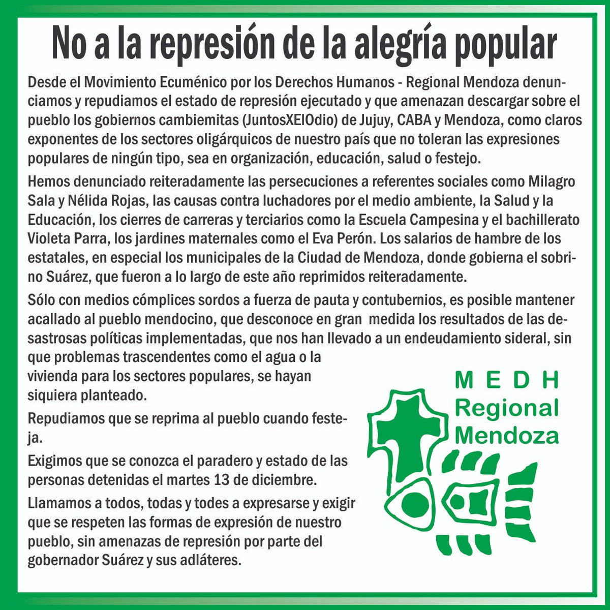 #Comunicado #represion #Mendoza #Mundial #MilagroSala