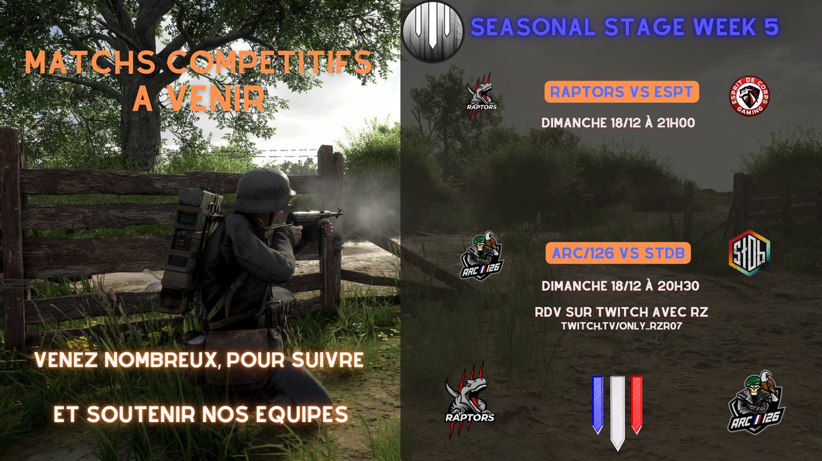 FranceHll's tweet photo. Les ARC/126  et les RAPTORS  joueront ce dimanche 18 décembre pour le Seasonal Stage Week 5 .
Tous ensemble pour les soutenir et les encourager !

Team Enigma HLL FR
#twitter #twitch #twitchfr #eSport #fps https://t.co/S4KWZ6lXq1