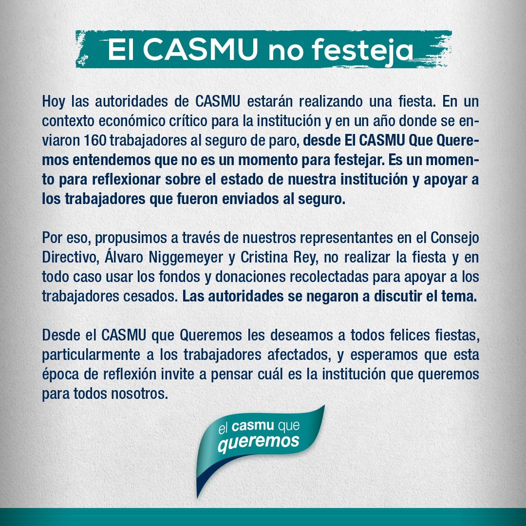 ElCasmu's tweet photo. Respecto a la fiesta organizada por CASMU hoy, la agrupación El CASMU Que Queremos manifiesta: https://t.co/5v4lkZHXoV