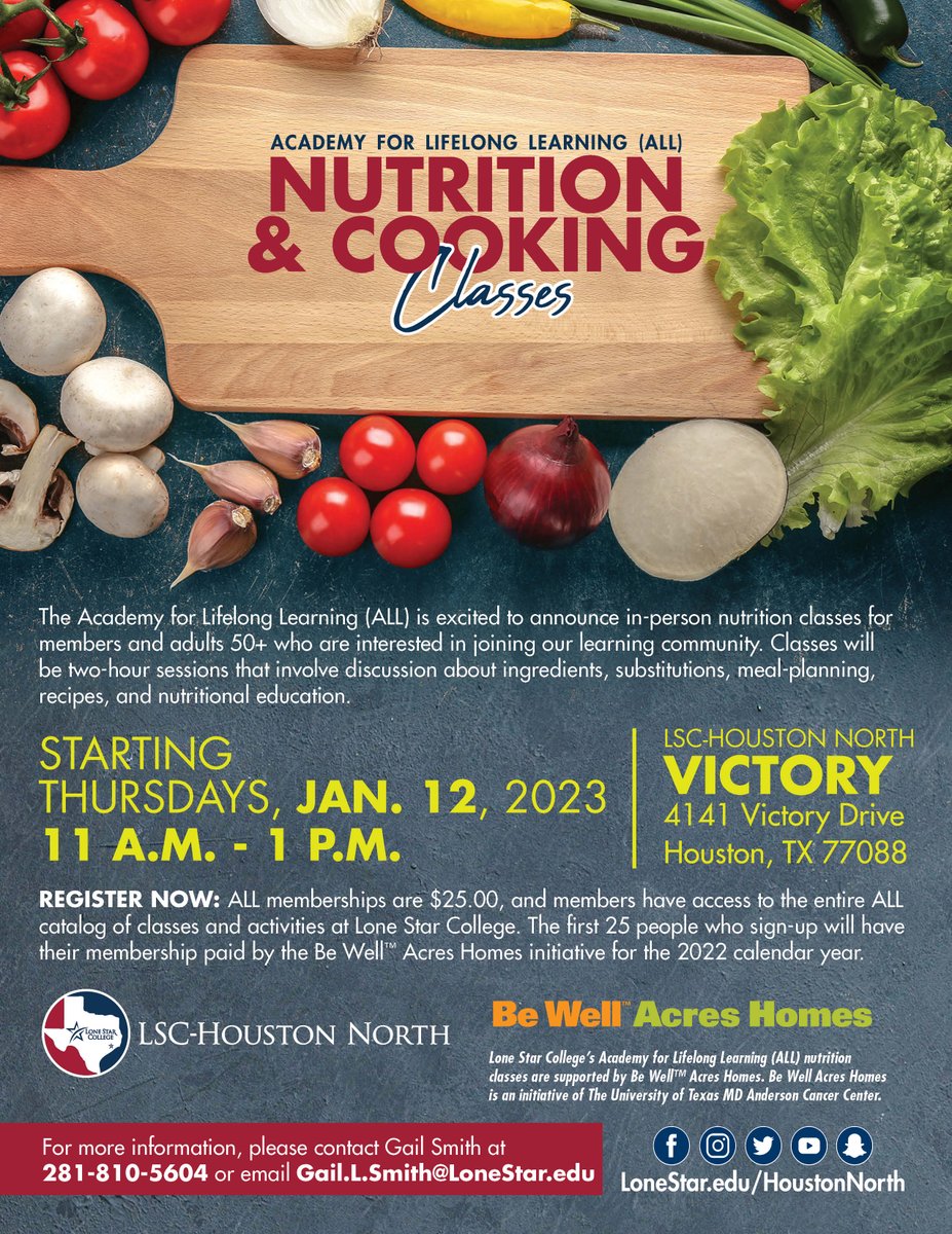 LSCHoustonNorth's tweet photo. Cook with @LSCHoustonNorth! Healthy Nutrition &amp; Cooking Classes with the Academy for Lifelong Learning (50+). Classes begin January 12.
The classes will show how to utilize kitchen appliances such as air fryers to provide nutritious meals.  Gail.L.Smith@LoneStar.edu. https://t.co/BkiWNWcRjm
