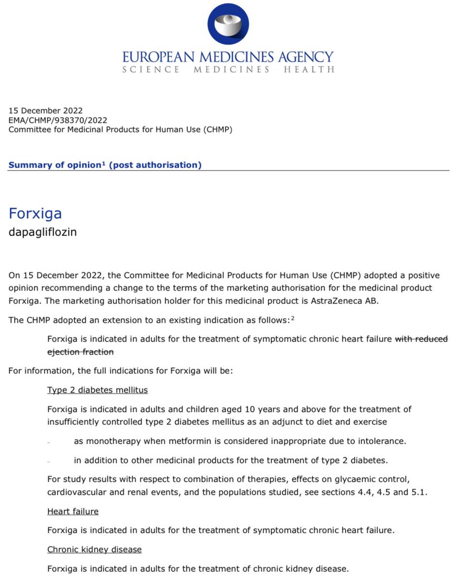 mvaduganathan's tweet photo. BREAKING: European Medicines Agency #CHMP extends indication for #SGLT2i dapagliflozin to encompass *all* HF!
“Forxiga is indicated in adults for the treatment of symptomatic chronic HF”
Hats off to @scottdsolomon, #DELIVER investigators, & all participants. Record speed 👏 👏 https://t.co/NYJpKCeJ9b