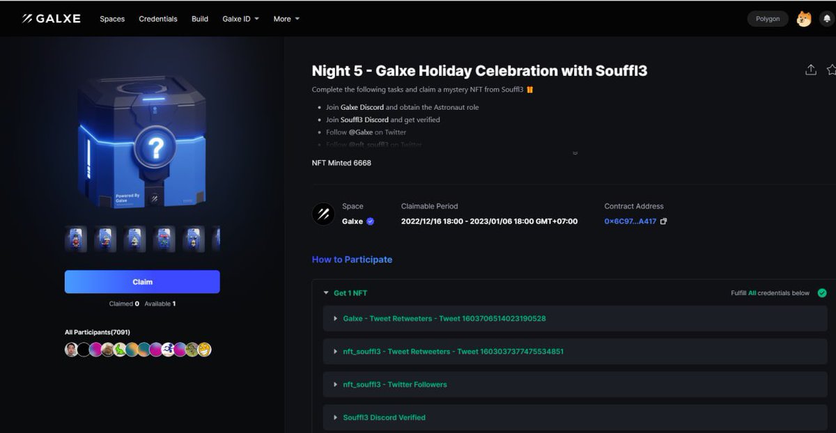 🎁 Galxe Holiday Celebration with Souffl3 - Night 5

🎉 Hoàn thành các Task tại: galxe.com/Galxe/campaign…

💵 Claim Night 5 sẽ nhận thêm 1 NFT từ Souffl3, chưa có $MATIC để claim thì để ví xuống khi nào mạng Polygon trở lại bình thường mình gửi 1 lượt luôn cho dễ.