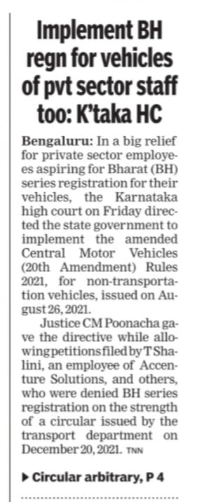 ChristinMP_'s tweet photo. A Karnataka high court order on Friday, asking the @tdkarnataka to implement the Centre’s Bharat (BH) series notification is likely to bring major relief to private sector employees with offices in more than four states, but it may impact the state’s motor vehicle tax revenue. https://t.co/RTD1G7hoJH