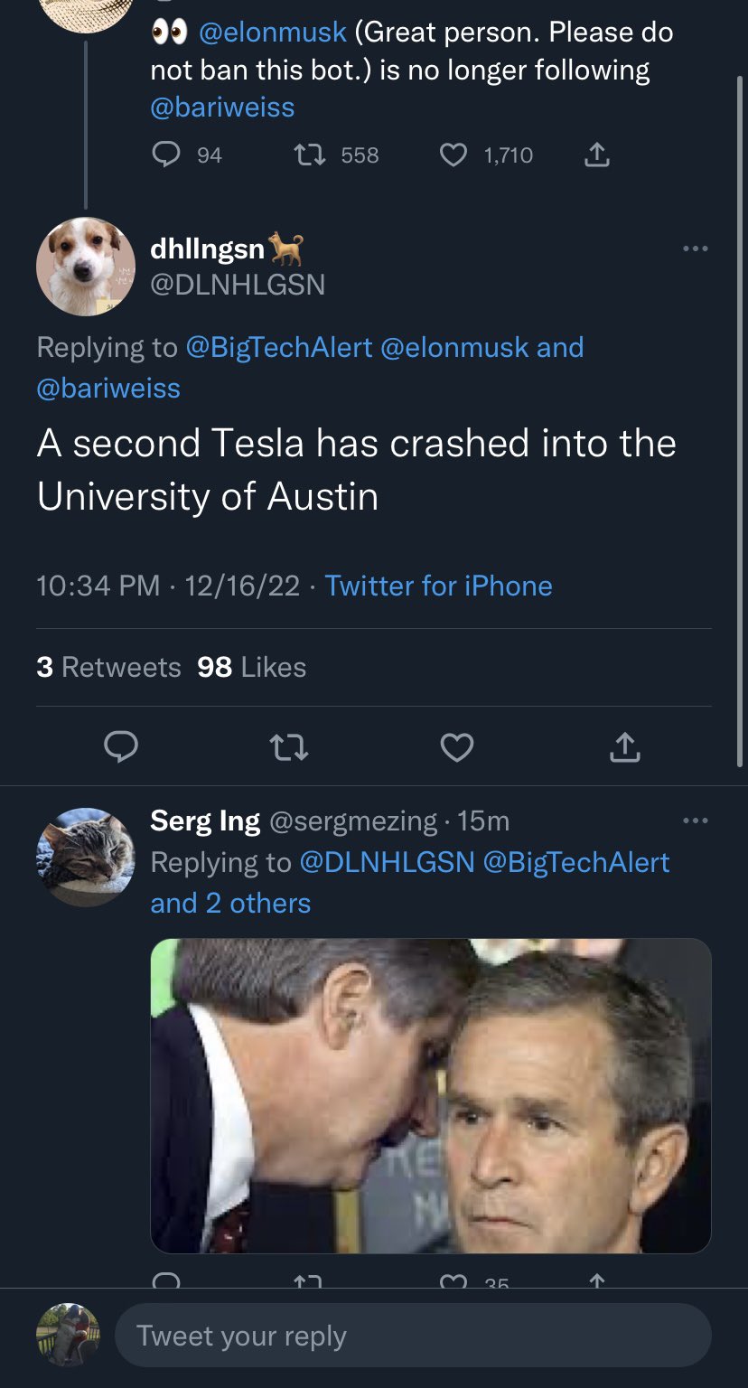 Patrick Duff on Twitter "BigTechAlert AGoldmund elonmusk bariweiss Alex, can you do a yes
