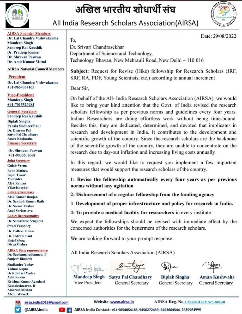 #Hike_in_fellowship_22 #Regular_Disbursement_of_fellowship Nowadays it is a big problem before Indian researchers #Social_insecurity,It's for this reason,researchers are also struggling for their livelihood 
<a href="/PMOIndia/">PMO India</a> <a href="/PrinSciAdvGoI/">Principal Scientific Adviser, Govt. of India</a> <a href="/IndiaDST/">DSTIndia</a> <a href="/DrJitendraSingh/">Dr Jitendra Singh</a> <a href="/Xpress_edex/">Edex - The New Indian Express</a> <a href="/ANI/">ANI</a>