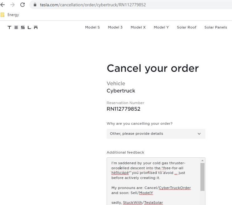 PeteMarshRE's tweet photo. @elonmusk #TeslaBoard
1/My pronouns are: Cancel/CyberTruckOrder
and soon: Sell/ModelY
Shareholder 2x; up 90%
sadly, StuckWith/TeslaSolar
I'm disturbed by your cold gas thruster-propelled descent into the “free-for-all hellscape” you promised to avoid - just before actively creating it. https://t.co/zhvsEO3m94
