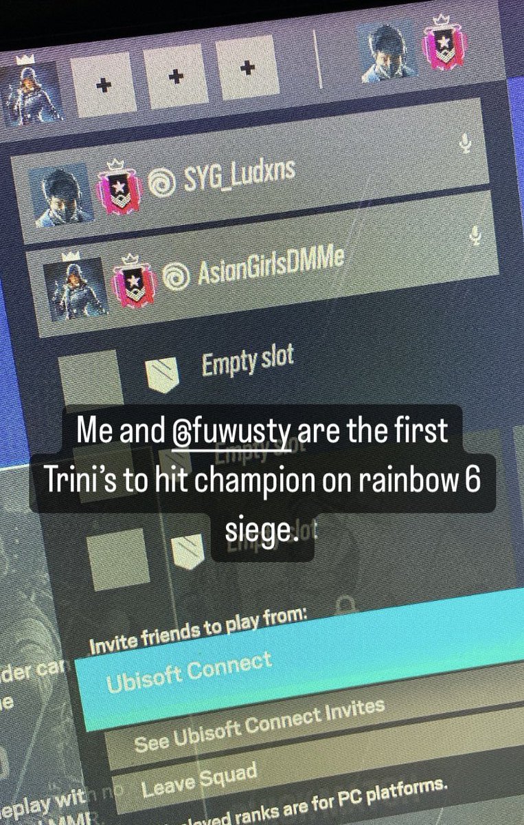 Xo_Ludens's tweet photo. First Trinidadian’s to hit champion on rainbow six siege @SYGFroosty @SYGRISING 😈❤️ https://t.co/4NdV9edkyv