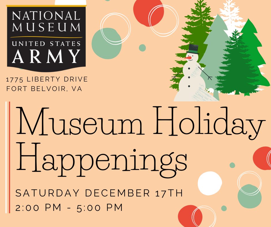 Celebrate the holiday season with the National Museum of the United States Army. Festivities are included in your FREE admission ticket. Come by on Saturday Dec. 17th from 2 - 5pm! 

#thankyouforyourservice #army #holidayseason #freeadmission #familyfriendly #museum #fortbelvoir