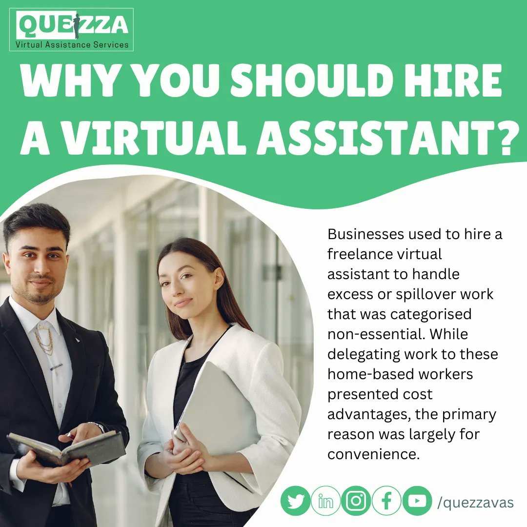 quezzavas's tweet photo. 𝐖𝐡𝐲 𝐲𝐨𝐮 𝐬𝐡𝐨𝐮𝐥𝐝 𝐡𝐢𝐫𝐞 𝐚 𝐕𝐢𝐫𝐭𝐮𝐚𝐥 𝐀𝐬𝐬𝐢𝐬𝐭𝐚𝐧𝐭? 👨‍💻
Businesses used to hire freelance virtual assistants for convenience. 👨‍💼
Read the article to learn more: https://t.co/6h5W2DG0mK 

#quezza #quezzavas  #entrepreneur #vaph #businessmanagement #socialmedia https://t.co/LYaspDwgbg