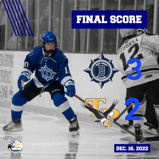 Blizzard WIN! 3 - 2 over Tri Pen. Noble's goal in the second period holds up as the game winner. Hillier gets his 10th win of the year in goal. #BlizzardWarning