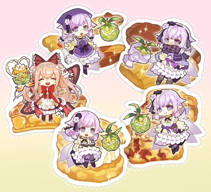 会場で新刊をお迎えの方に紅茶占いフリーカットシールをランダムで付けさせて頂いています!また、サイズ違いの端数ができたため、全5種セットのフレークシール(既にカット済みのもの)を100円で頒布します 