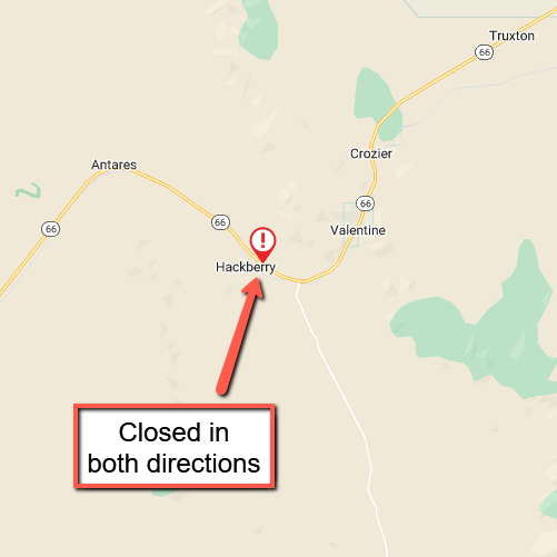 ArizonaDOT's tweet photo. *CLOSURE* *PLEASE SHARE*
State Route 66 is closed in BOTH directions in Hackberry due to a crash at milepost 81.
Expect delays and seek an alternate route.
There is no estimated time to reopen the highway.
#aztraffic #SR66 https://t.co/eaUIcbj69j