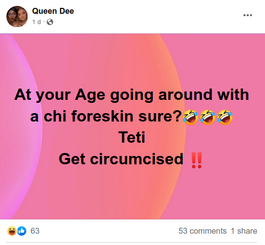 TheGuardianAn15's tweet photo. From out of Bumphœque, Zimbabwe: Egotistical #circumfetishist is currently on a rampage, with #misandrist #BodyShaming, misinformation, etc., about #Circumcision and #uncircumcised/#Intact men.
Profile: https://t.co/pqSvGobo1L
Image: One of numerous posts on the subject. https://t.co/HMlSLQFgKX
