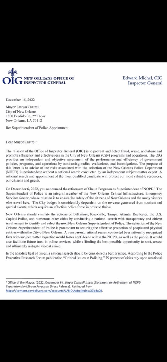 KaareJohnson's tweet photo. The @NOLAOIG sent a letter to the @mayorcantrell about conducting a #NationalSearch to get the best and brightest for the next police chief, for the city of New Orleans
@NOPDNews @NOPDChief @NOLACityCouncil https://t.co/40jdQUM0Di