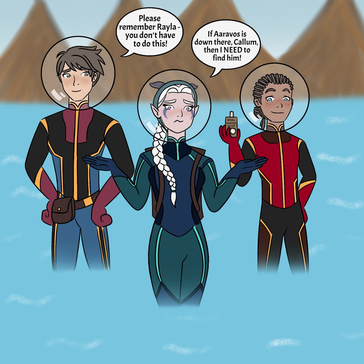 CosmiqueAliene's tweet photo. It's time for Rayla to face her fears and find Mr Sexy Voice's prison! (Tidebound elves gave them their suits - they both keep them warm and their pressure stable.) #tdp #tdpfanart #TheDragonPrince #thedragonprinceseason4 #rayla #princecallum #ezran #rayllum https://t.co/dTU3Vj1zkE